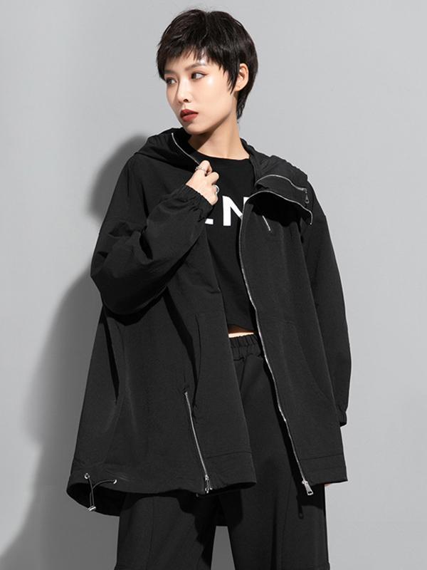 Fashion Irregularity Loose Solid Color Zipper Hooded Outerwear Product Image