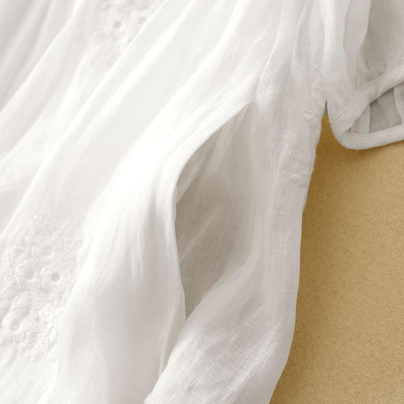 Elbow-Sleeve V-Neck Plain Embroidered Midi A-Line Dress Product Image