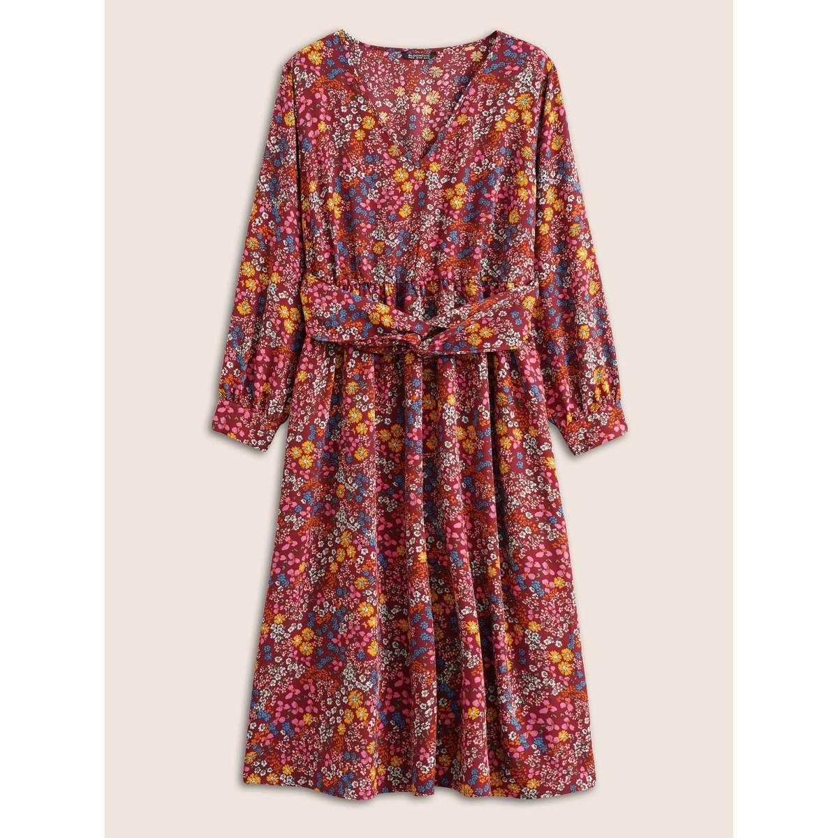 Plus Size Ditsy Floral Twist Front Lantern Sleeve Dress Maroon Women Elegant Non V-neck Long Sleeve Curvy Midi Dress BloomChic 14-16/1X Product Image