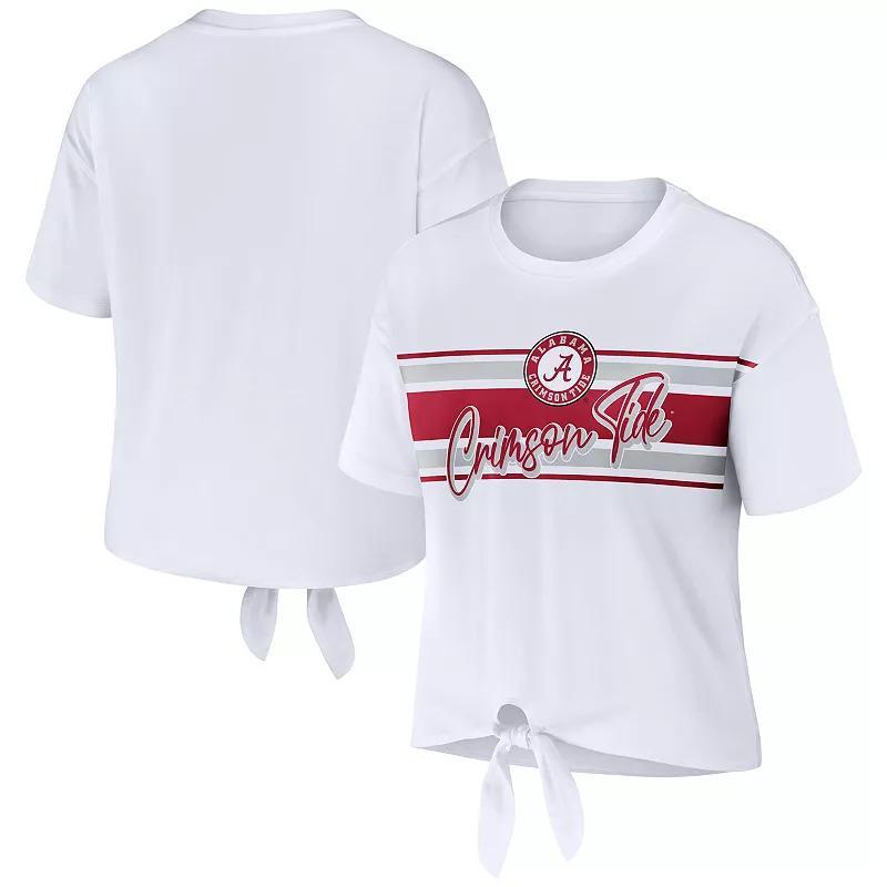 Women's WEAR by Erin Andrews White Alabama Crimson Tide Striped Front Knot Cropped T-Shirt, Size: Medium Product Image