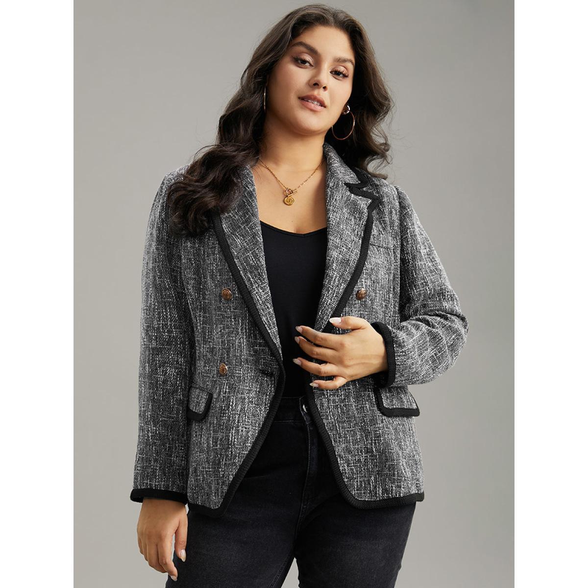Plus Size Tweed Suit Collar Contrast Trim Blazer DimGray Women Dailywear Plain Contrast Sleeve Long Sleeve Suit Collar 10/M Pocket Casual Blazers BloomChic Product Image