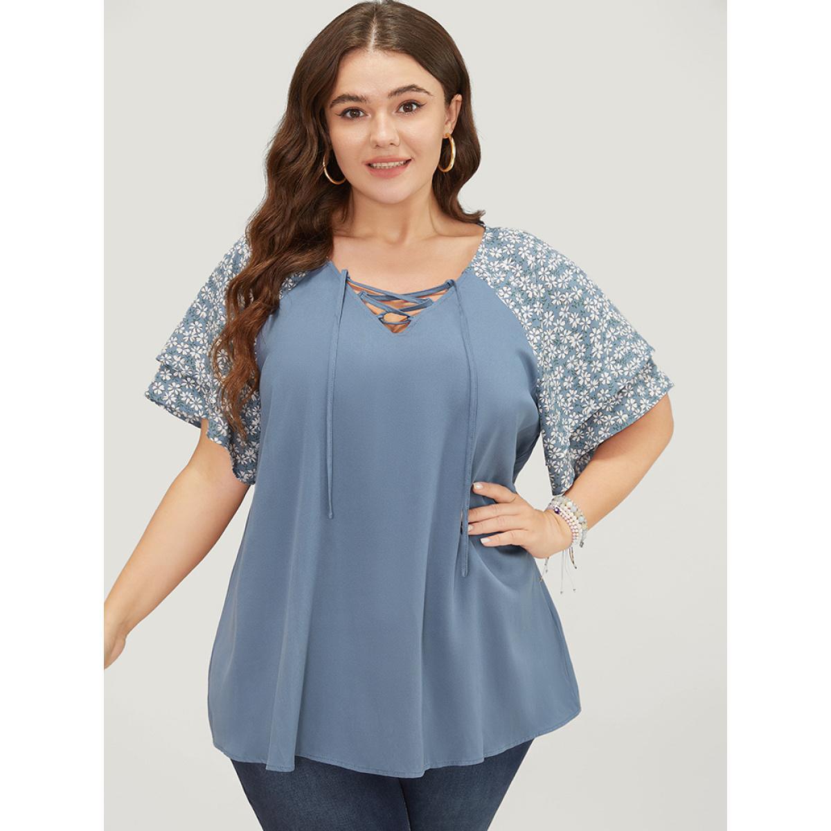 Plus Size Stone Ditsy Floral Raglan Sleeve Ruffle Tiered Lace Up Blouse Women Elegant Short sleeve Tie Neck Dailywear Blouses BloomChic 12/L Product Image