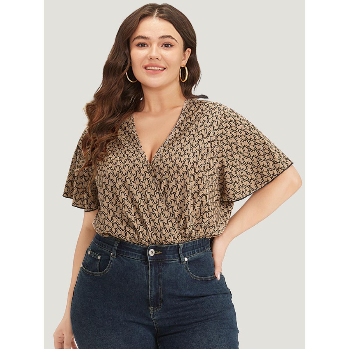 Plus Size Graphic Print Surplice Neck Ruffle Sleeve Bodysuit Women LightBrown Graphic Wrap Bodysuits BloomChic 10/M Product Image