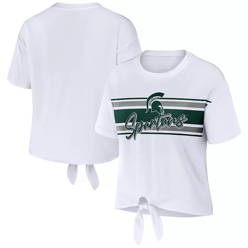 Women's WEAR by Erin Andrews White Michigan State Spartans Striped Front Knot Cropped T-Shirt, Size: 2XL Product Image