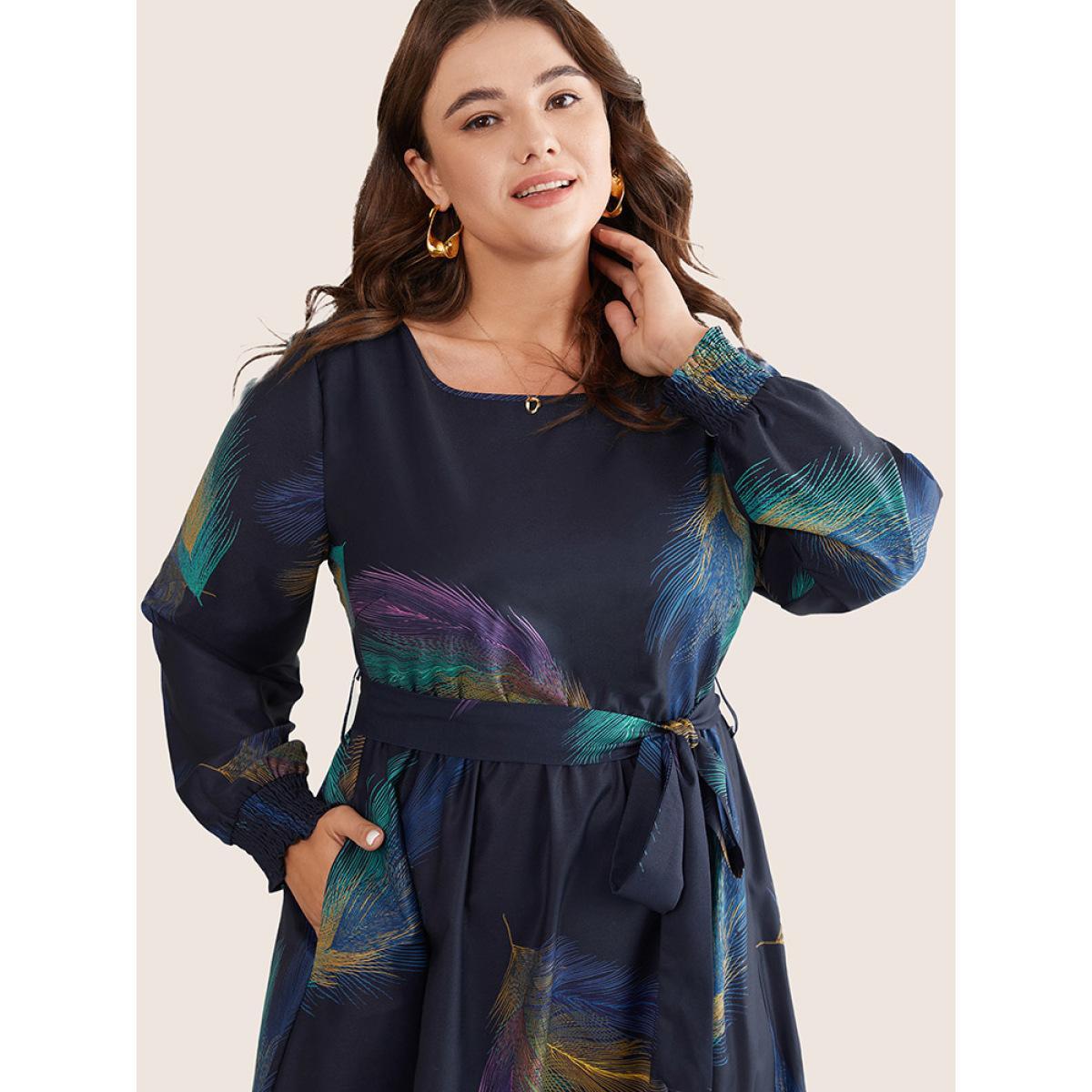 Plus Size Colored Feather Belted Shirred Cuffs Dress DarkBlue Women Elegant Belted Round Neck Long Sleeve Curvy Midi Dress BloomChic 26/4X Product Image