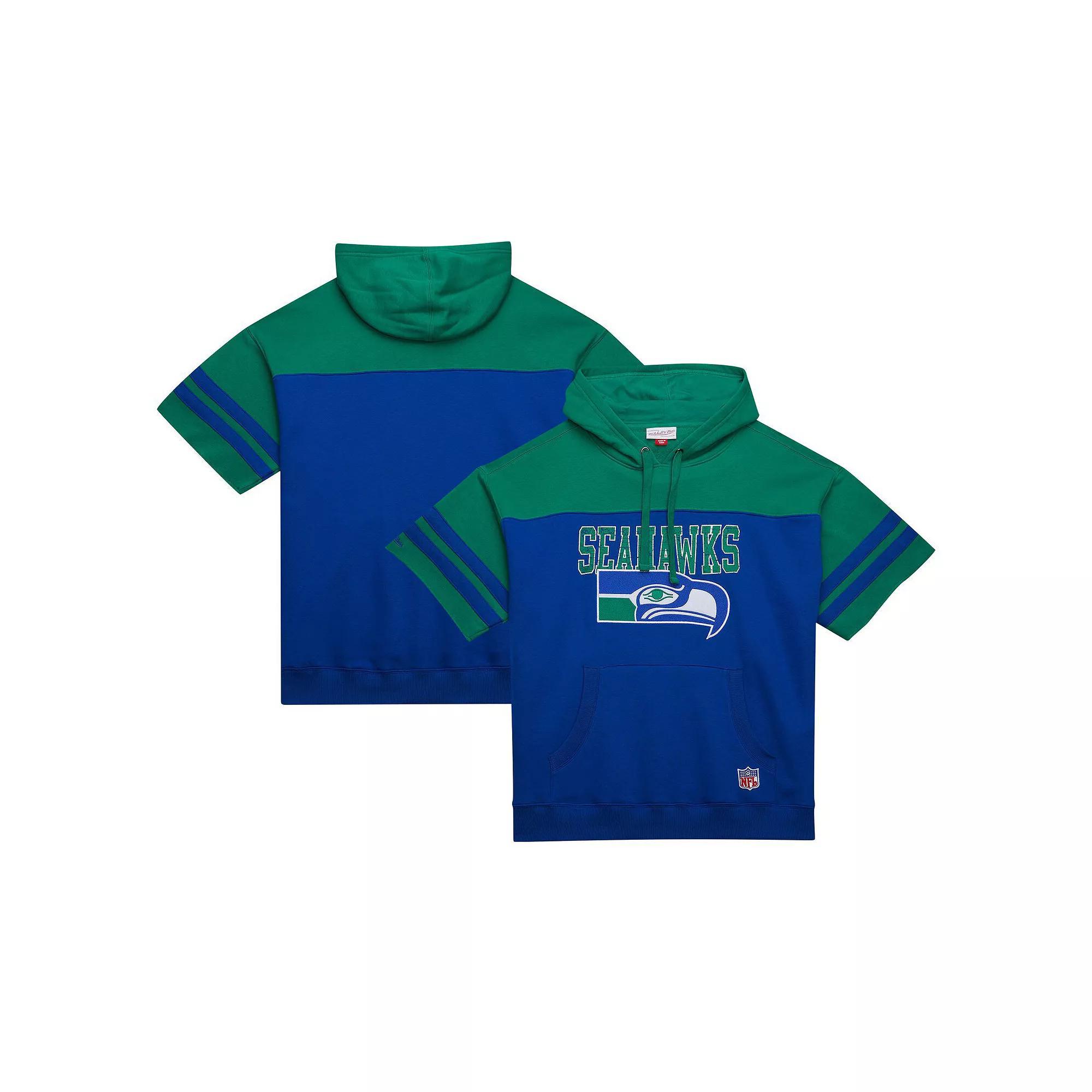 Men's Mitchell & Ness Royal Seattle Seahawks  Off Field Vintage Logo Short Sleeve Pullover Hoodie, Size: 3XL, Blue Product Image