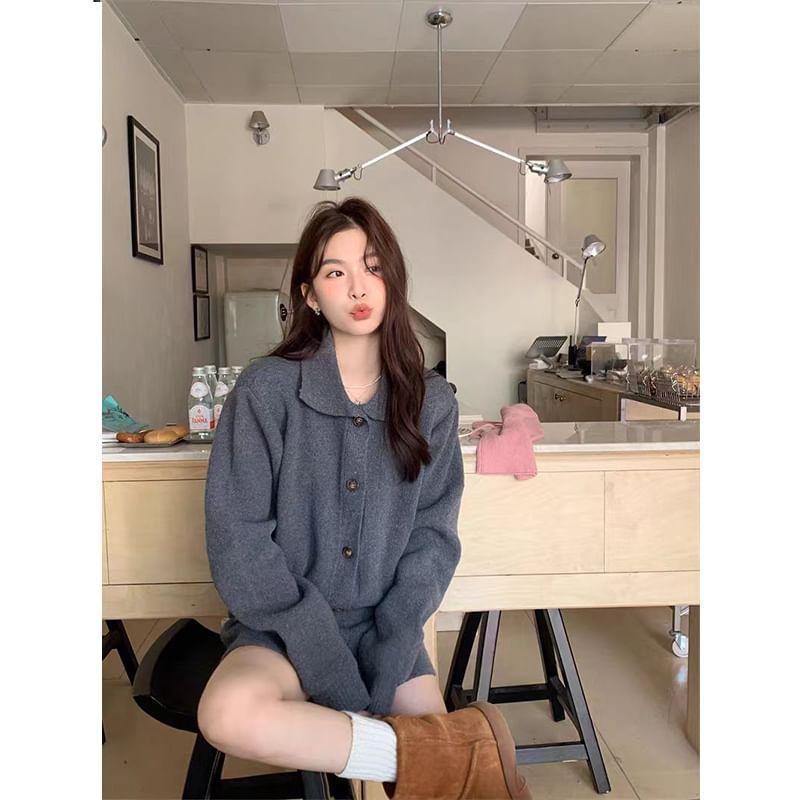 Set: Collar Plain Cardigan + High Waist Knit Shorts Product Image