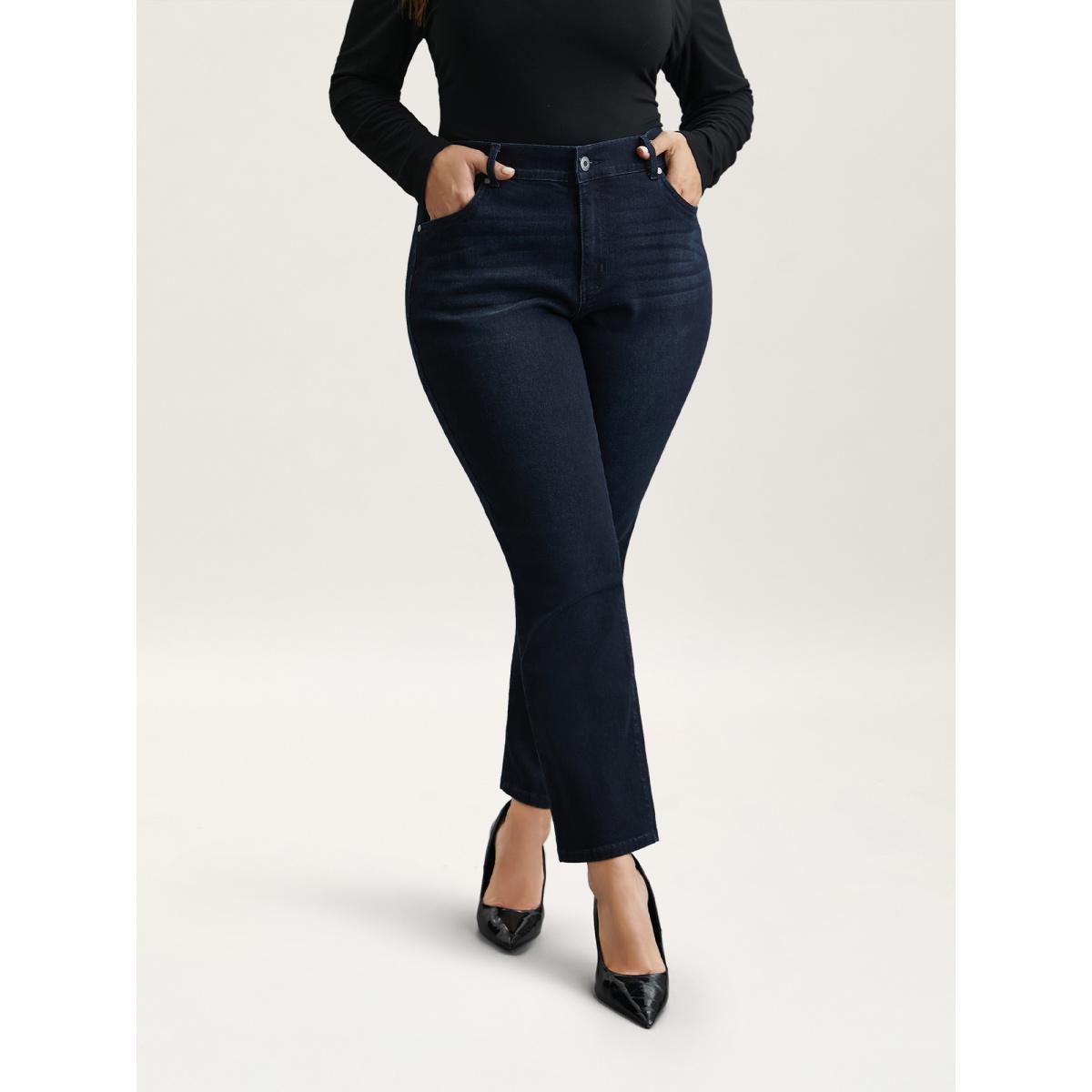 Plus Size Whiskered Mid-Rise Skinny-Fit Jeans Women Denimcharcoal Elegant Button Medium stretch Slanted pocket Jeans BloomChic 22/3X Product Image