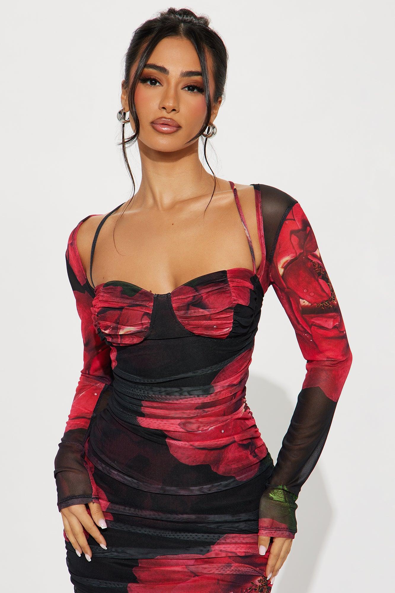 Rosanna Floral Mesh Midi Dress - Red/combo Product Image