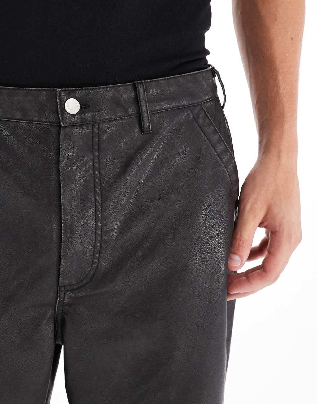 Pull&Bear wide leg faux leather pants in black Product Image