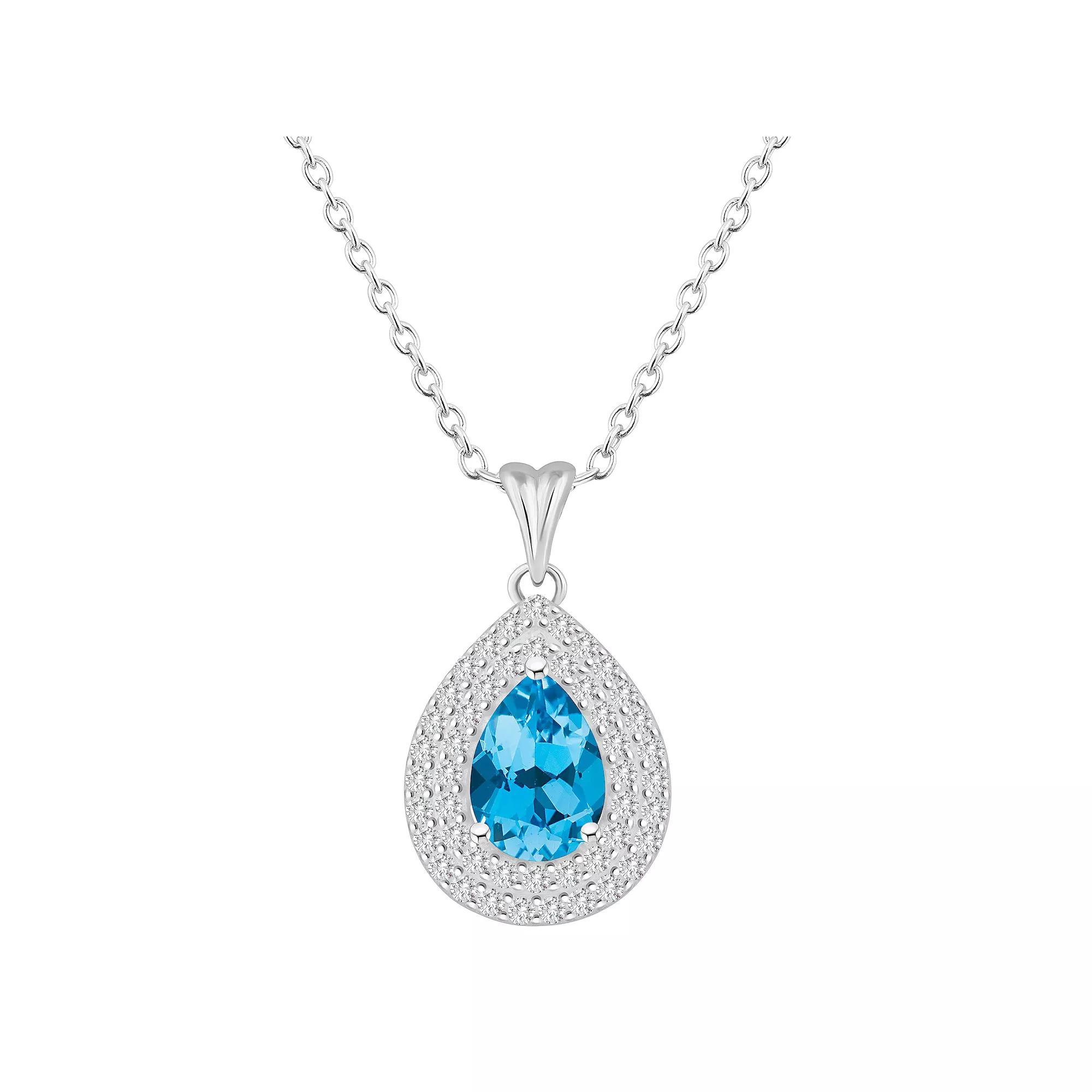 Celebration Gems Sterling Silver Teardrop Swiss Blue Topaz & White Topaz Double Halo Pendant Necklace, Women's, Size: 18" Product Image