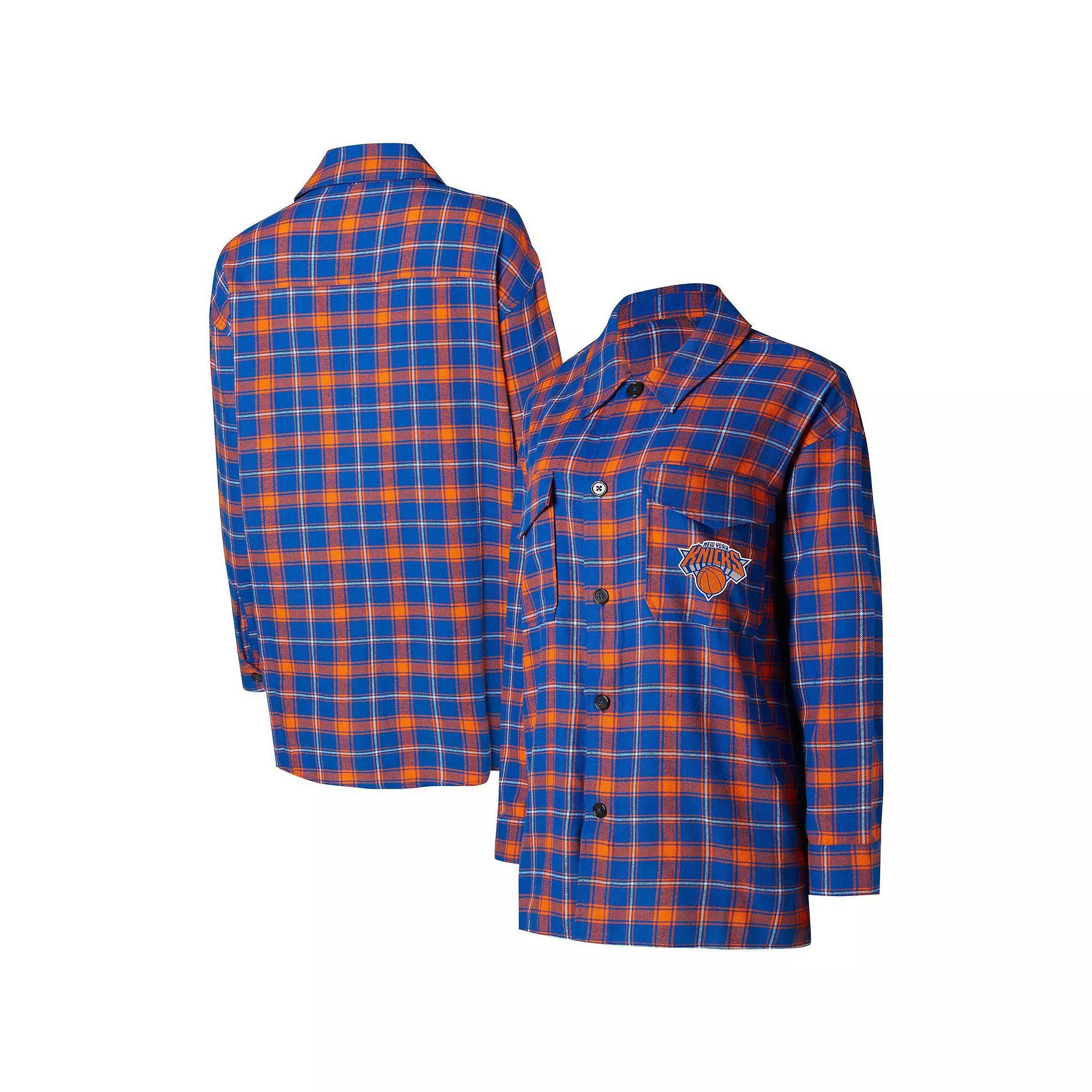 Women's College Concepts Blue/Orange New York Knicks Boyfriend Button-Up Nightshirt, Size: Small Product Image