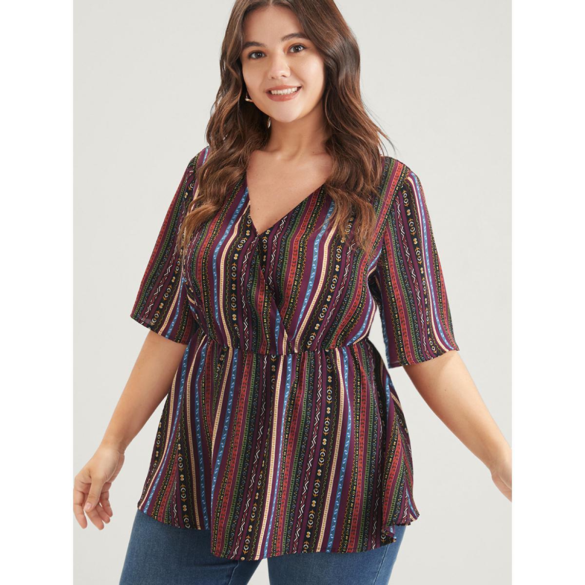 Plus Size Multicolor Striped Elastic Waist Button Ruffles Wrap Blouse Women Elegant Short sleeve V-neck Dailywear Blouses BloomChic 12/L Product Image