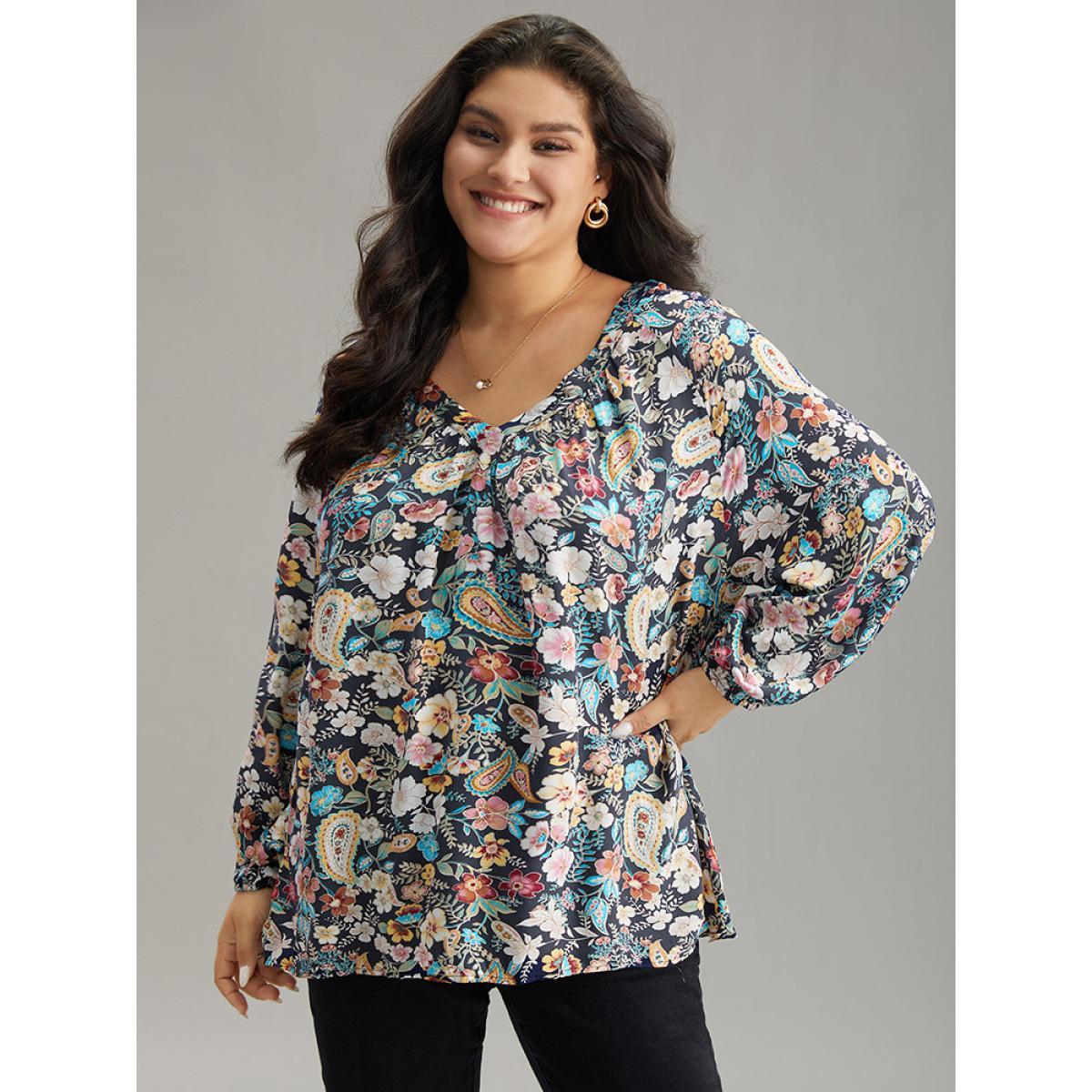 Plus Size Indigo Paisley Lantern Sleeve Gathered Blouse Women Elegant Long Sleeve V-neck Dailywear Blouses BloomChic 30/6X Product Image