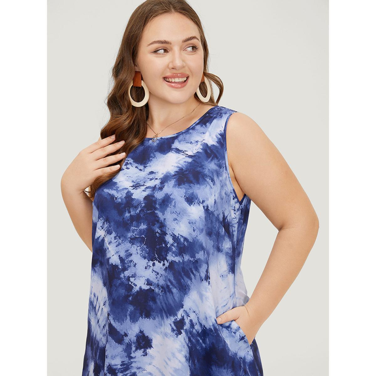 Plus Size Tie Dye Crew Neck Pocket Sleeveless Tank Dress DarkBlue Women Vacation Slit Round Neck Sleeveless Curvy Midi Dress BloomChic 18-20/2X Product Image