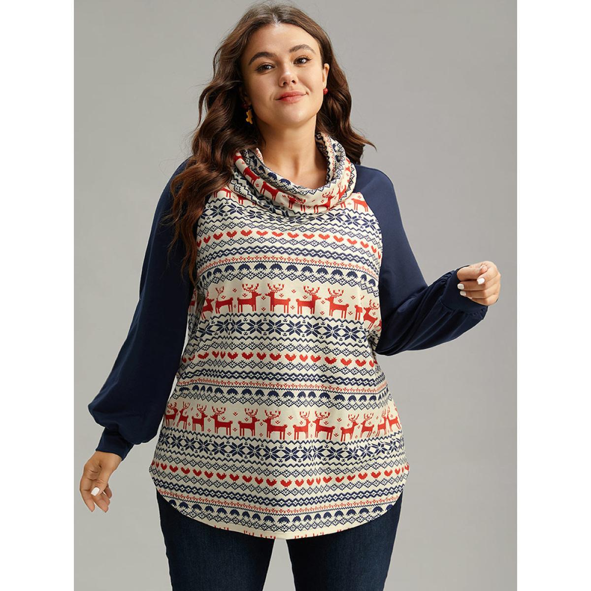 Plus Size Christmas Graphic Turtle Neck Raglan Sleeve Sweatshirt Women Navy Casual Contrast Turtleneck Festival-Christmas Sweatshirts BloomChic 26/4X Product Image