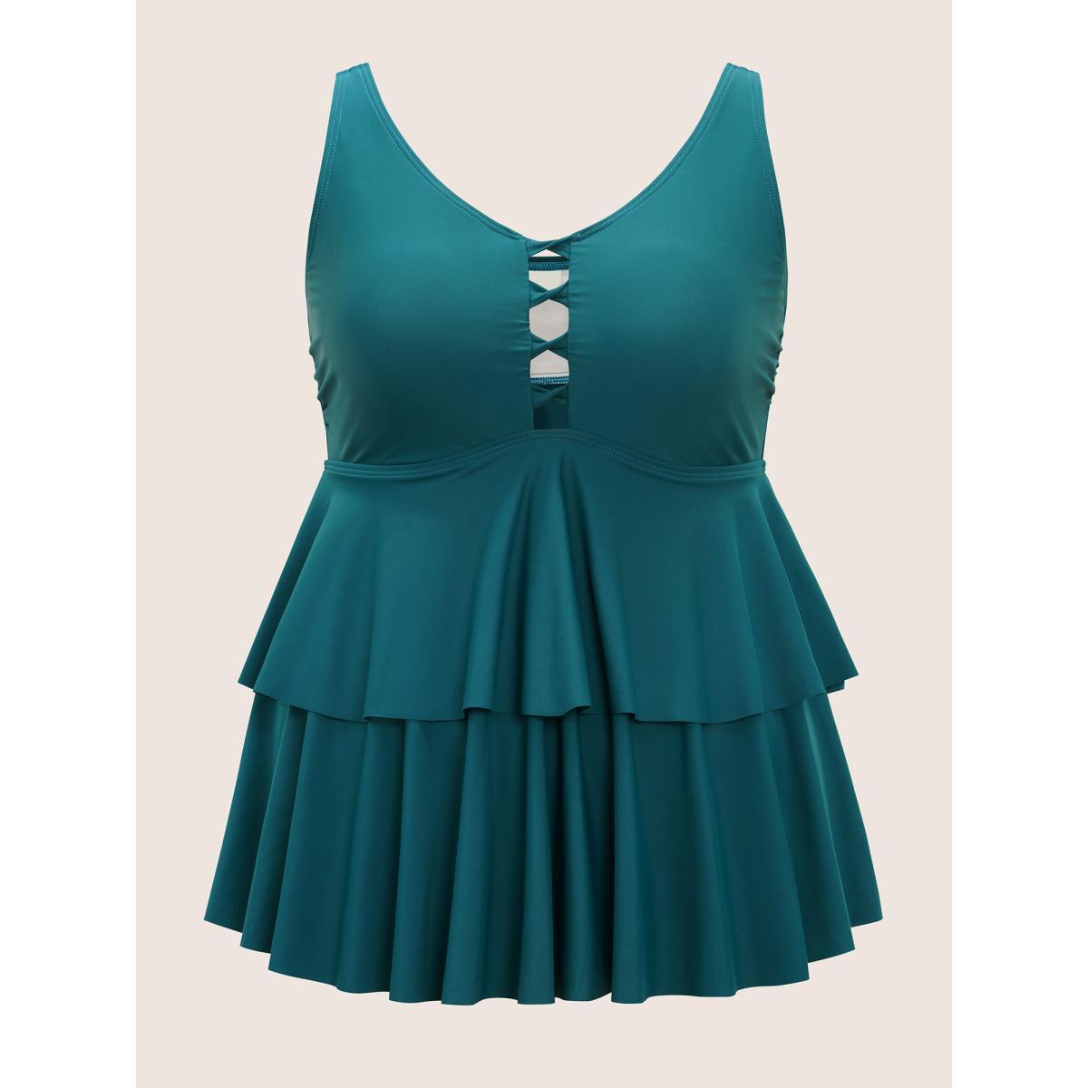 Plus Size Solid Keyhole Tiered Ruffle Hem Swim Top Women's Swimwear Cyan Beach Non High stretch Bodycon V-neck Curve Swim Tops BloomChic 28/5X Product Image