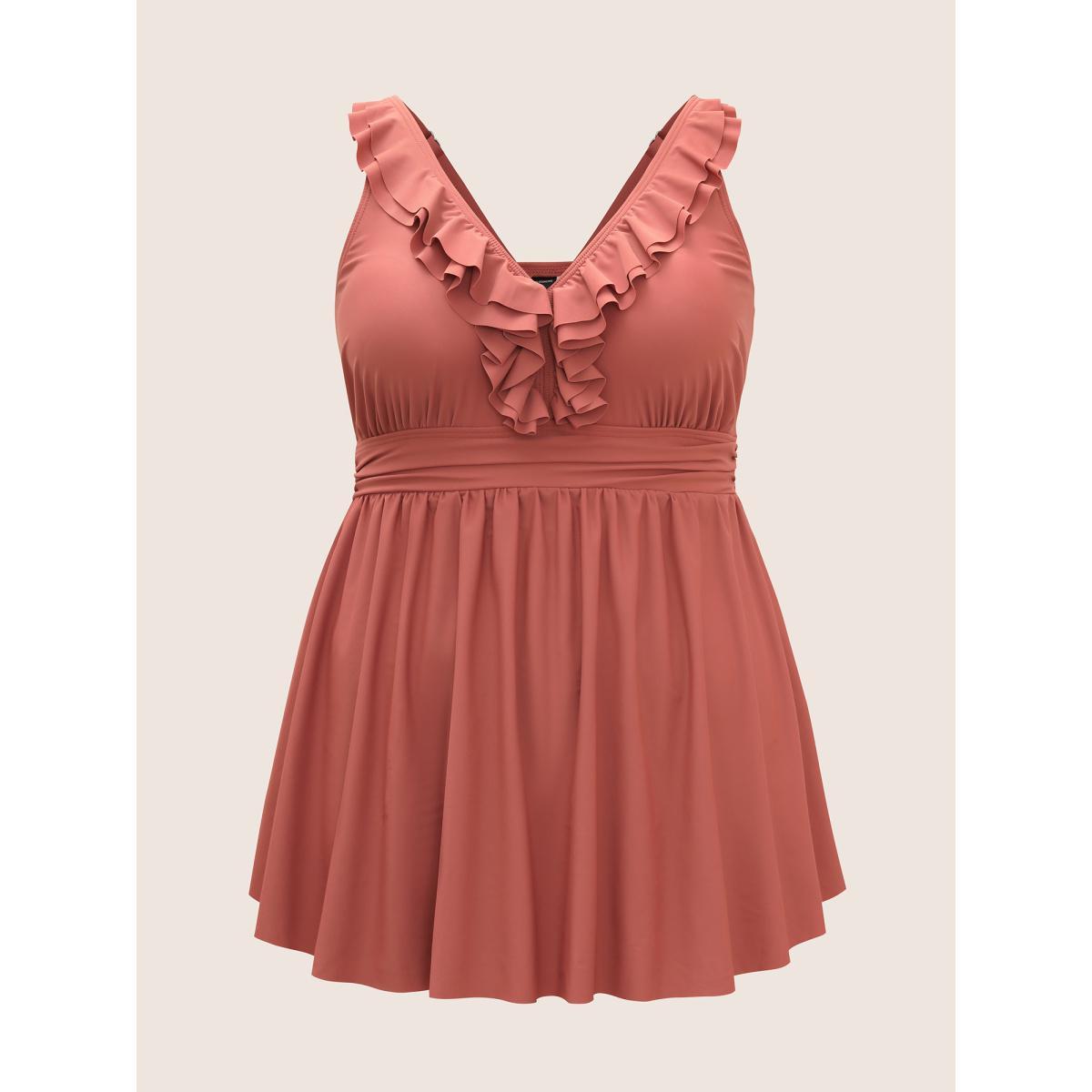 Plus Size Ruffle Trim Adjustable Straps Gathered Sculpt Waist Swim Dress Women's Swimwear Salmon Beach Bodycon V-neck High stretch Curve Swim Dresses BloomChic 14-16/1X Product Image