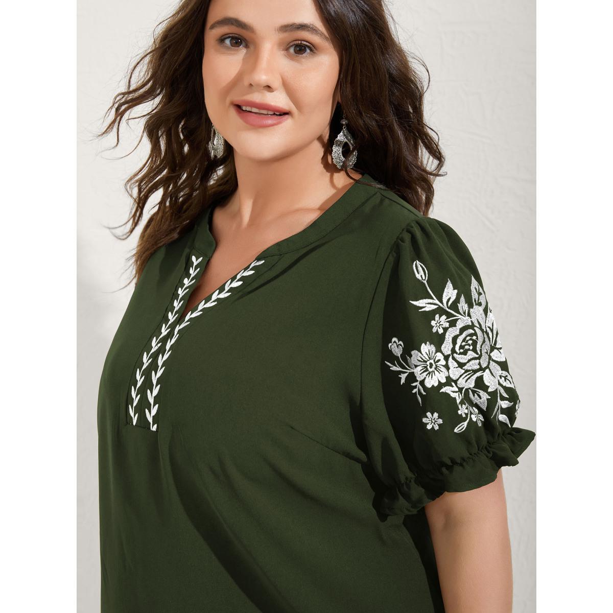 Plus Size ArmyGreen Notched Collar Embroidered Ruffled Blouse Women Half Sleeve Flat collar with V-notch Everyday-Elegant Blouses BloomChic 12/L Product Image