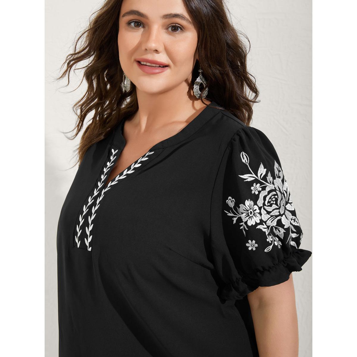 Plus Size Black Notched Collar Embroidered Ruffled Blouse Women Half Sleeve Flat collar with V-notch Everyday-Elegant Blouses BloomChic 12/L Product Image