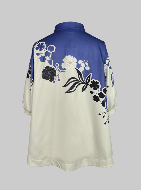 Half Sleeves High-Low Buttoned Flower Print Pleated Lapel Blouses&Shirts Tops Product Image