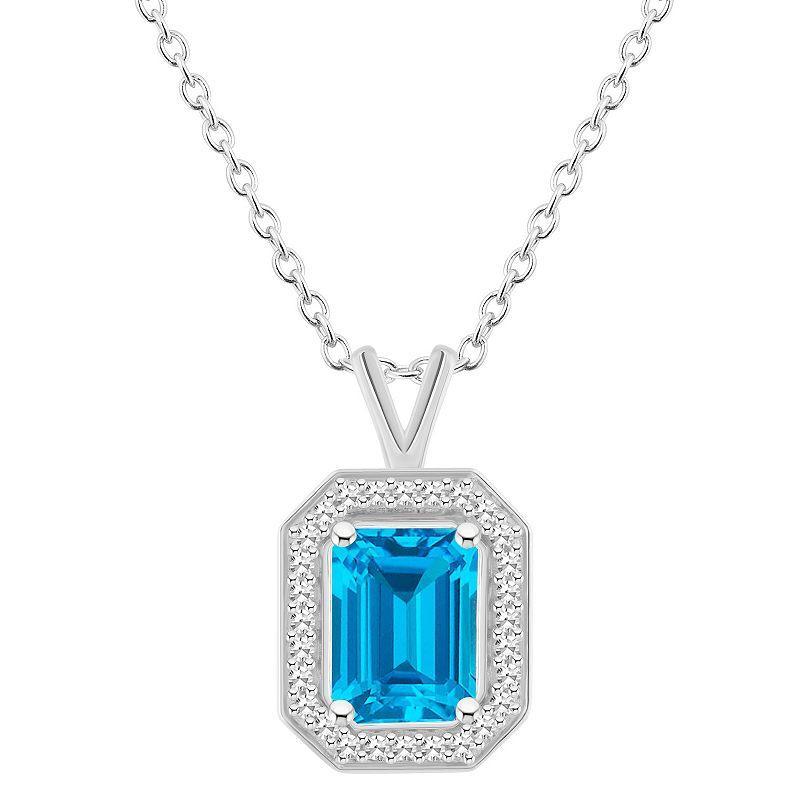 Celebration Gems Sterling Silver Emerald Cut Gemstone & 1/8 Carat T.W. Diamond Halo Pendant Necklace, Women's, Size: 18", Peridot Product Image