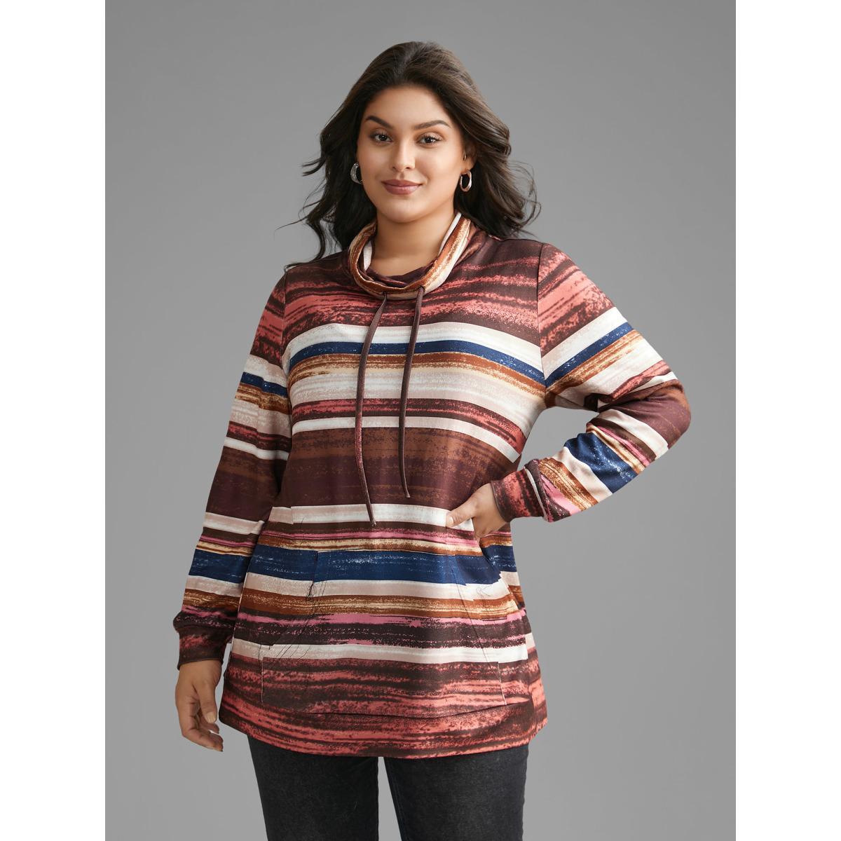 Plus Size Striped Patched Pocket Drawstring Sweatshirt Women Multicolor Casual Drawstring Loose Ruffled collar Everyday Sweatshirts BloomChic 18-20/2X Product Image