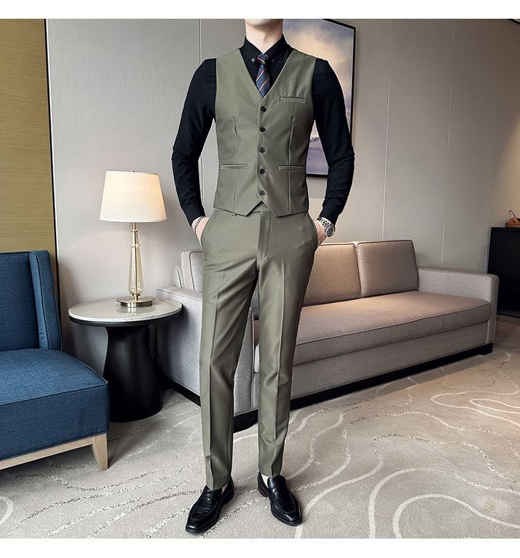 Set: Notch Lapel Plain Single-Breasted Blazer + Vest + Mid Rise Tapered Dress Pants Product Image