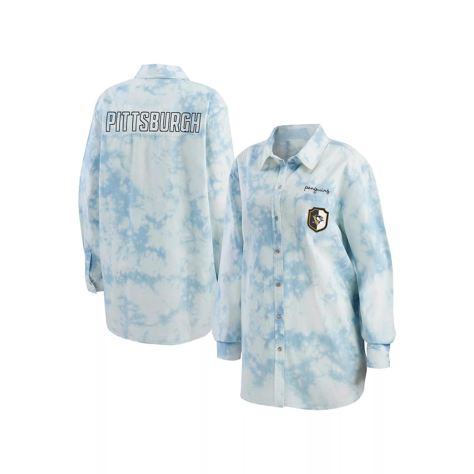 Women's WEAR by Erin Andrews White Pittsburgh Penguins Oversized Tie-Dye Button-Up Denim Shirt, Size: Large Product Image