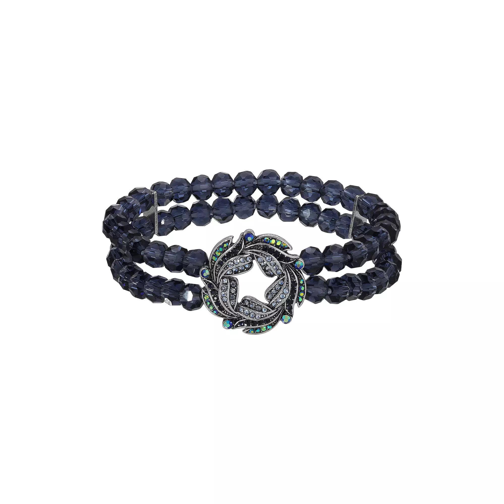 1928 Silver Tone Glass Bead Oxidized Crystal-Studded Wreath Stretch Bracelet, Womens, Black Product Image