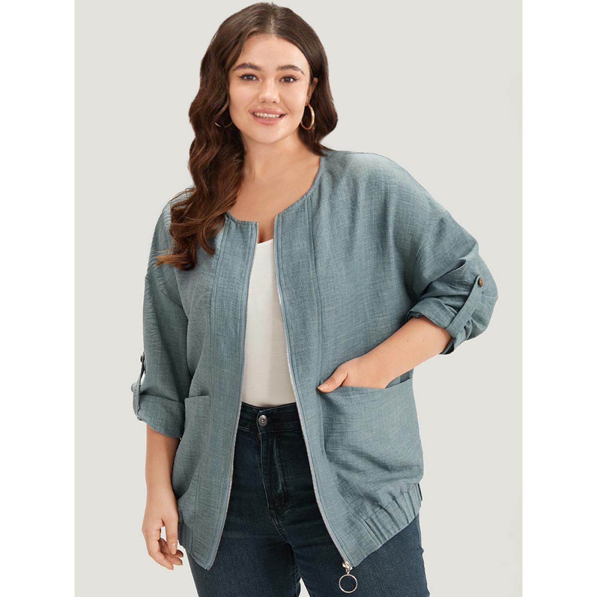 Plus Size Plain Pocket Zipper Tab Sleeve Jacket Women Aegean Zipper Pocket Dailywear Jackets BloomChic 28/5X Product Image