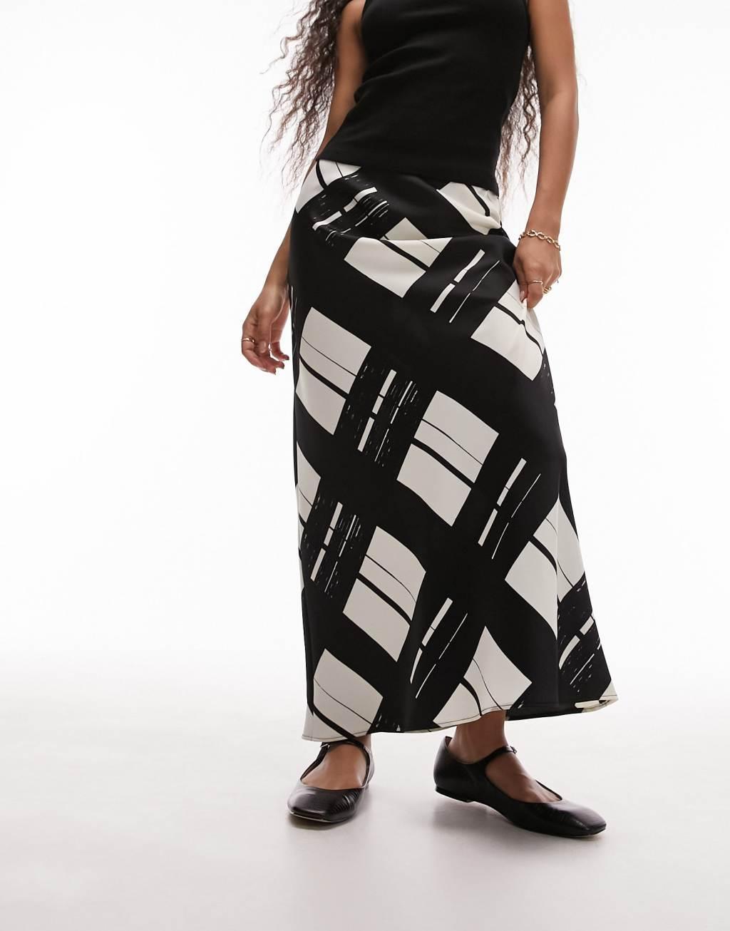 Topshop Petite satin bias skirt with printed check Product Image