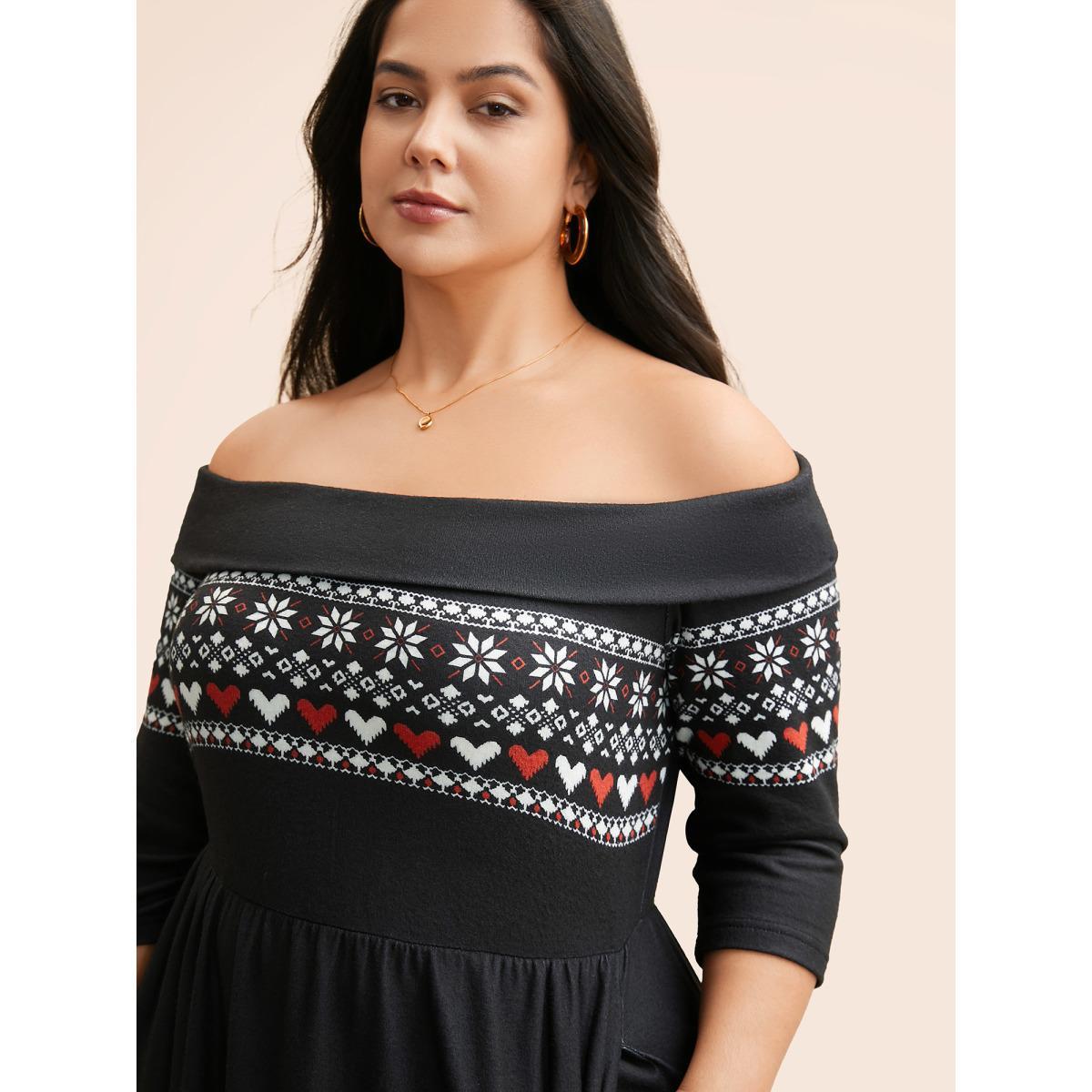 Plus Size Geometric Off Shoulder Neck Midi Dress Black Women Elegant Non One-shoulder neck Elbow-length sleeve Curvy BloomChic 14-16/1X Product Image