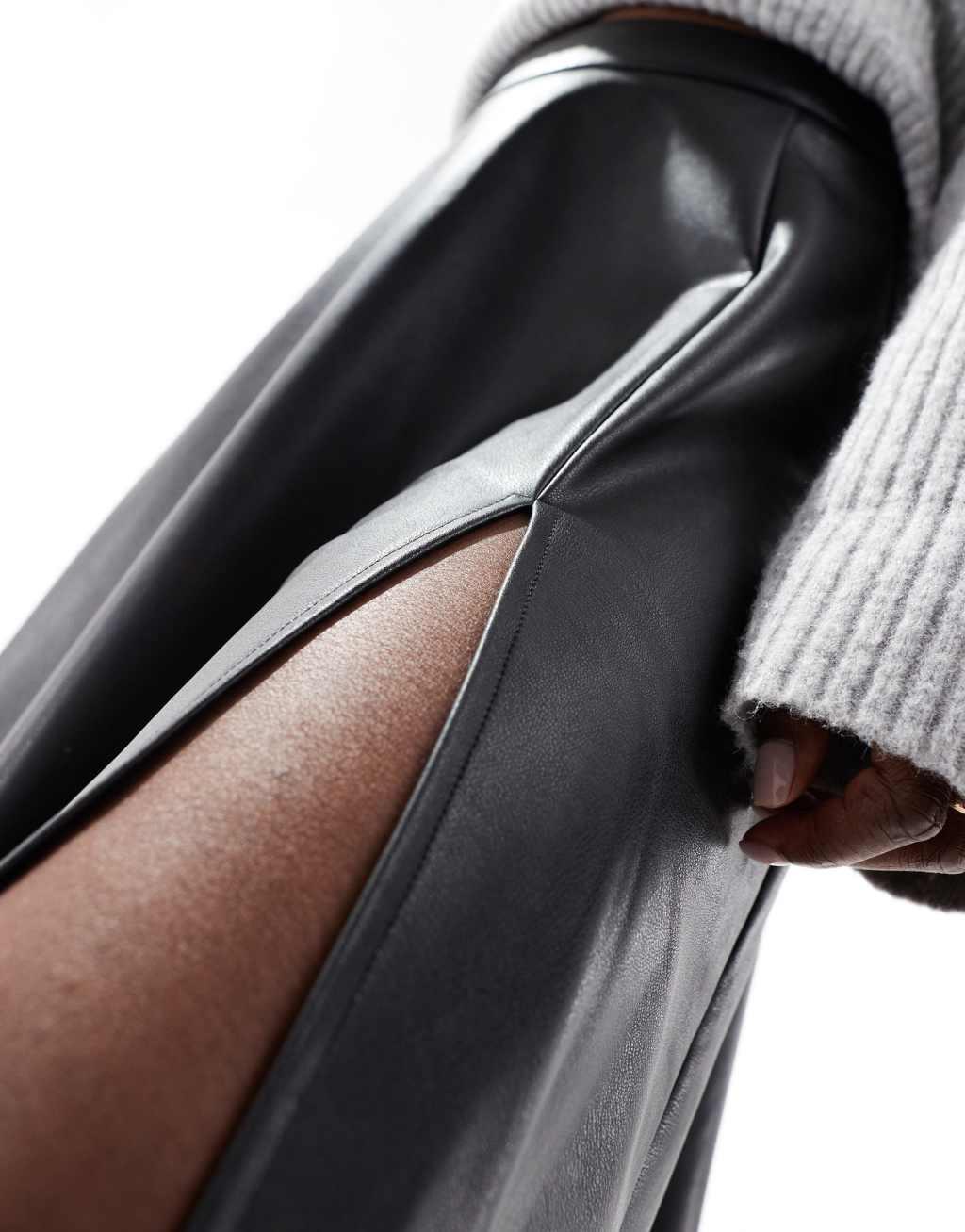 ASOS DESIGN leather look high split detail volume maxi skirt in black Product Image
