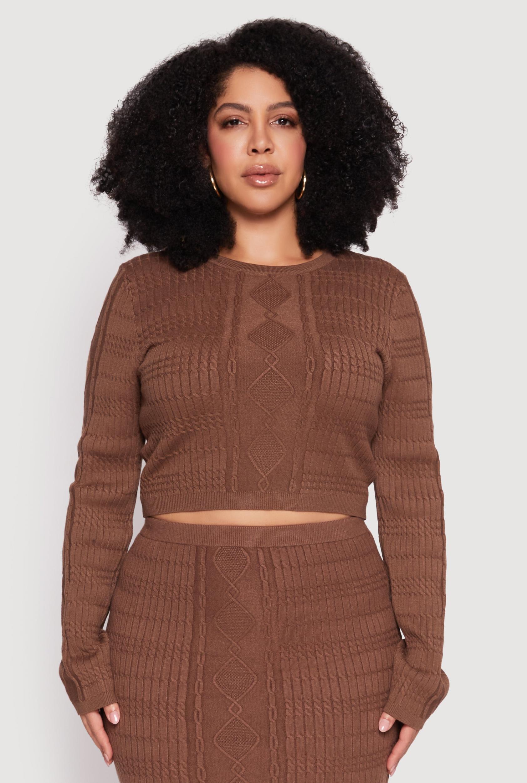 Womens Plus Size Daisy Cable Knit Crew Neck Sweater Product Image