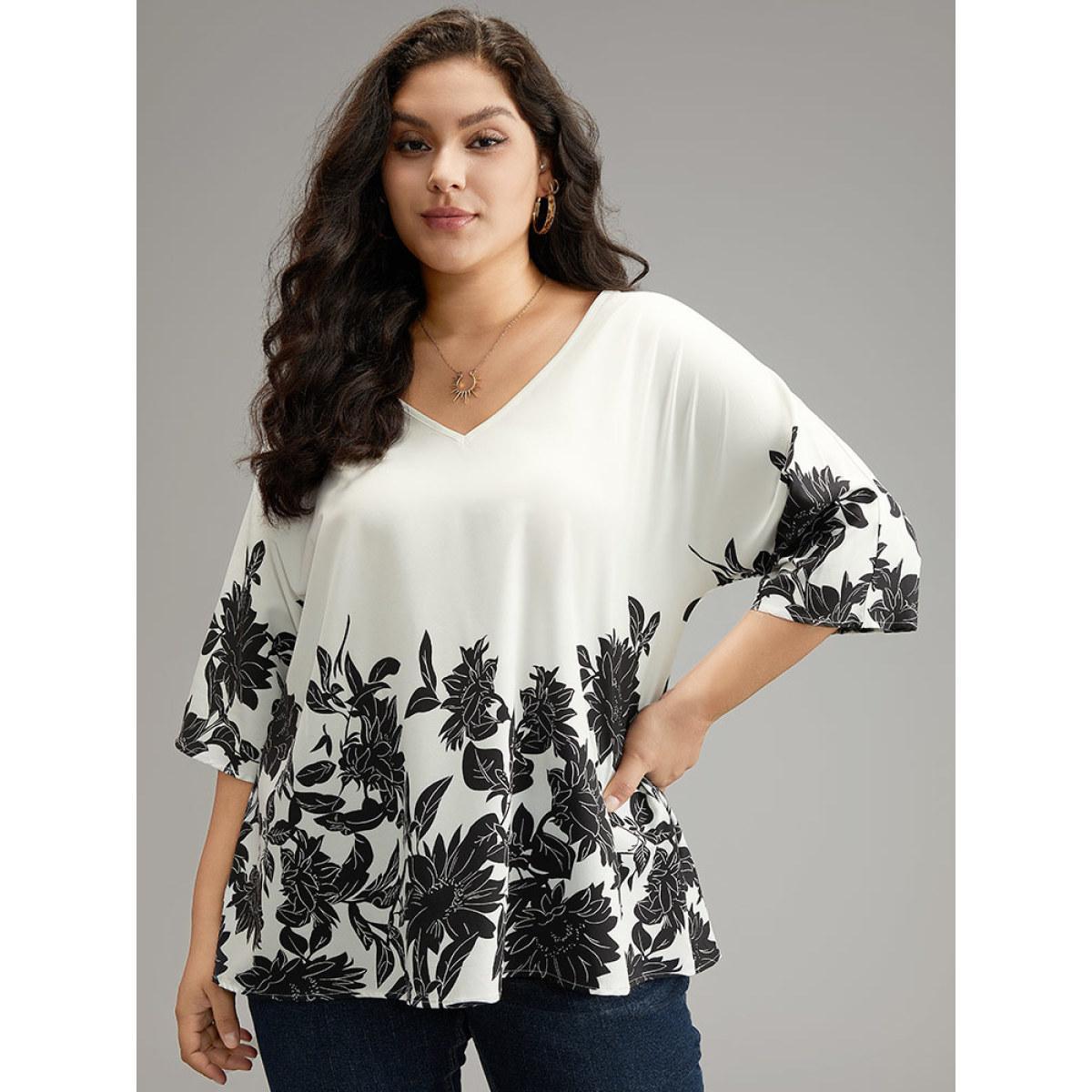 Plus Size White Boho Print V Neck Cut Out Blouse Women Elegant Elbow-length sleeve V-neck Dailywear Blouses BloomChic 28/5X Product Image