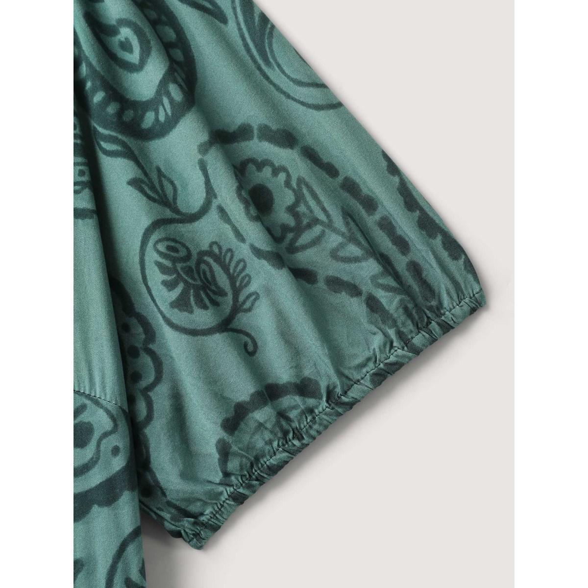 Plus Size Paisley Print Shirred Waist Midi Dress Teal Women V-neck Short sleeve Curvy BloomChic 12/L Product Image