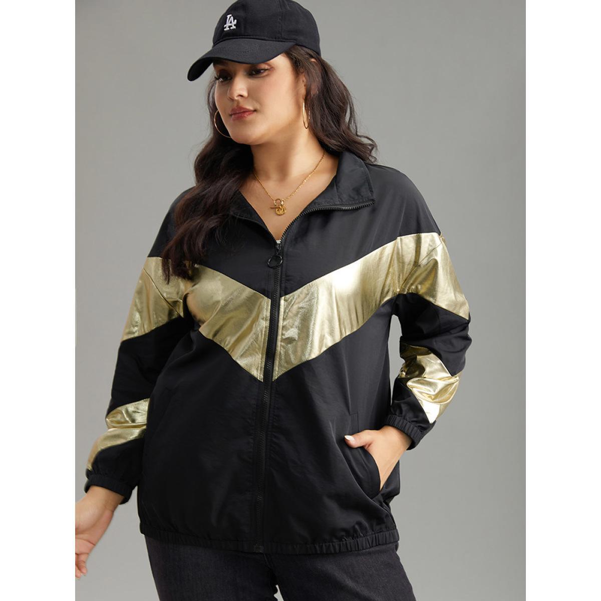 Plus Size Geometric Patchwork Contrast Zipper Jacket Women Black Elastic cuffs Pocket Dailywear Jackets BloomChic 10/M Product Image