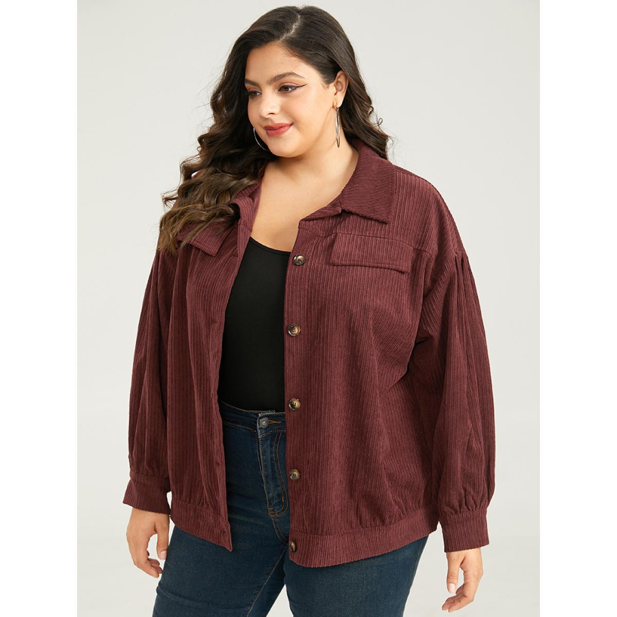 Plus Size Plain Texture Button Through Gathered Jacket Women Maroon Texture Dailywear Jackets BloomChic 18-20/2X Product Image