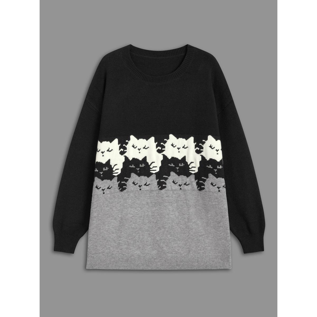 Plus Size Cat Contrast Drop Shoulder Pullover Black Women Casual Loose Long Sleeve Round Neck Everyday Pullovers BloomChic 28/5X Product Image