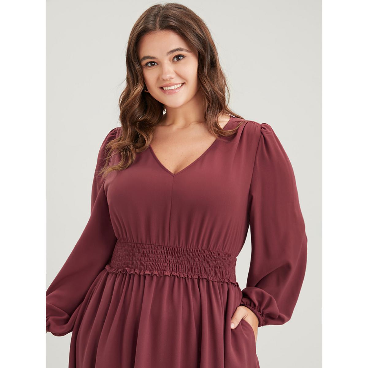 Plus Size Solid Pocket Lantern Sleeve Patchwork Ruffled Shirred Dress DustyPink Women Elegant Plain V-neck Long Sleeve Curvy Midi Dress BloomChic 22-24/3X Product Image