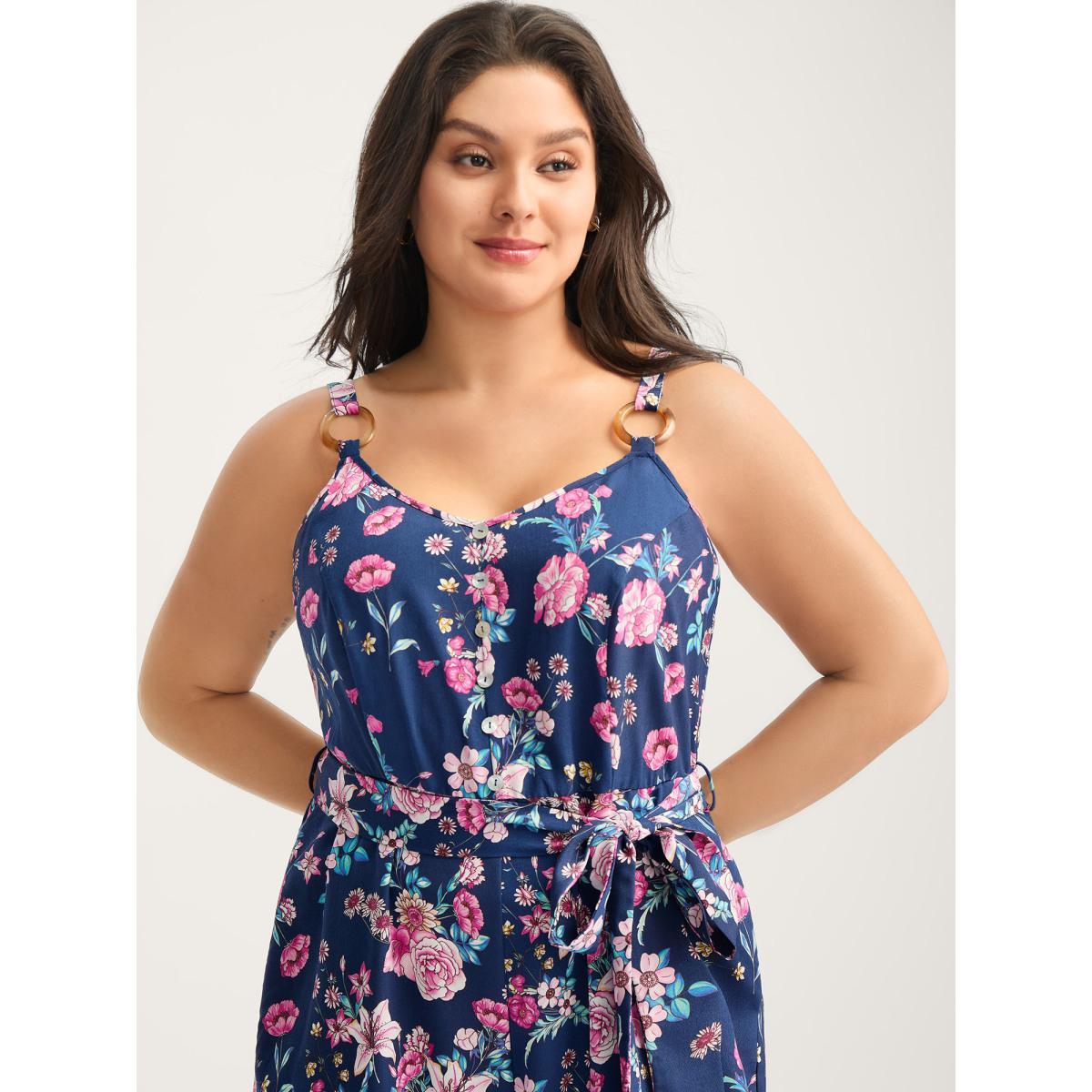 Plus Size Indigo Rosy Print Belted Pockets Jumpsuit Women Sleeveless Non Everyday-Elegant Loose Jumpsuits BloomChic 14-16/1X Product Image