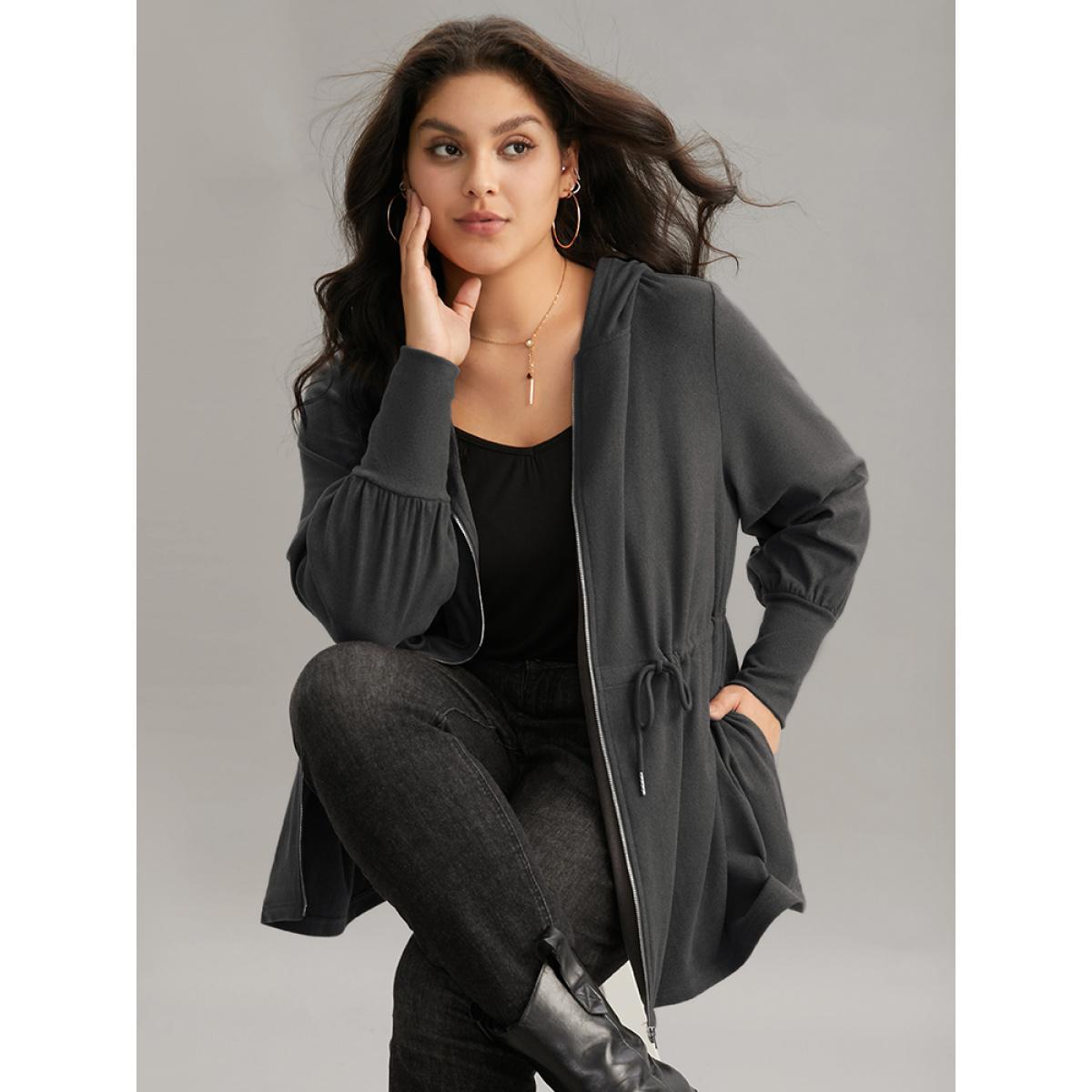 Plus Size Solid Drawstring Hooded Pocket Zipper Sweatshirt Women Gray Casual Plain Hooded Everyday Sweatshirts BloomChic 14-16/1X Product Image