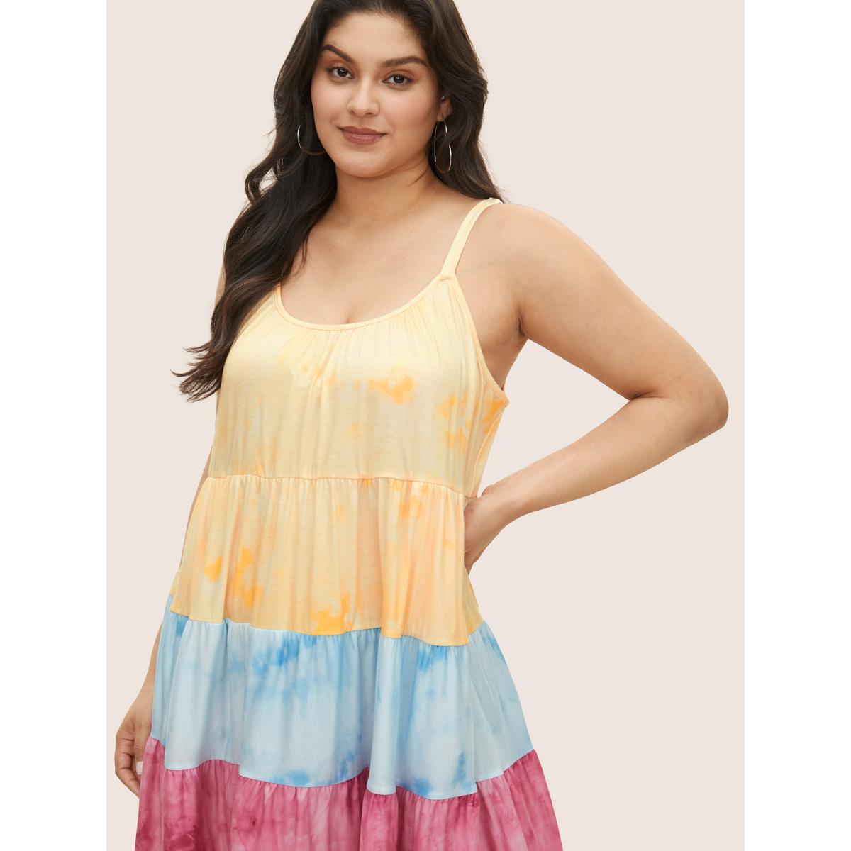 Plus Size Tie Dye Contrast Ruffle Layered Hem Dress Multicolor Women Casual Gathered Non Sleeveless Curvy Midi Dress BloomChic 18-20/2X Product Image