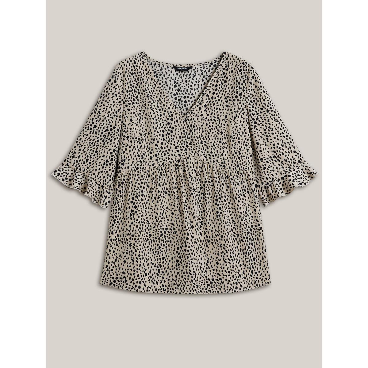 Plus Size Champagne Leopard Print Ruffled Detail V-Neck Blouse Women Casual Elbow-length sleeve V-neck Everyday Blouses BloomChic 10/M Product Image