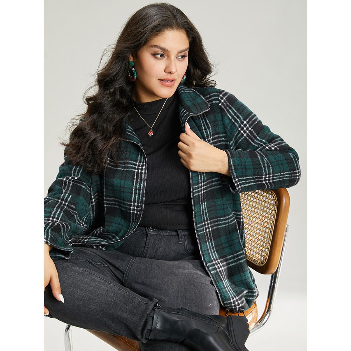 Plus Size Plaid Lapel Collar Pocket Zipper Fly Jacket Women DarkGreen Contrast Pocket Dailywear Jackets BloomChic 10/M Product Image