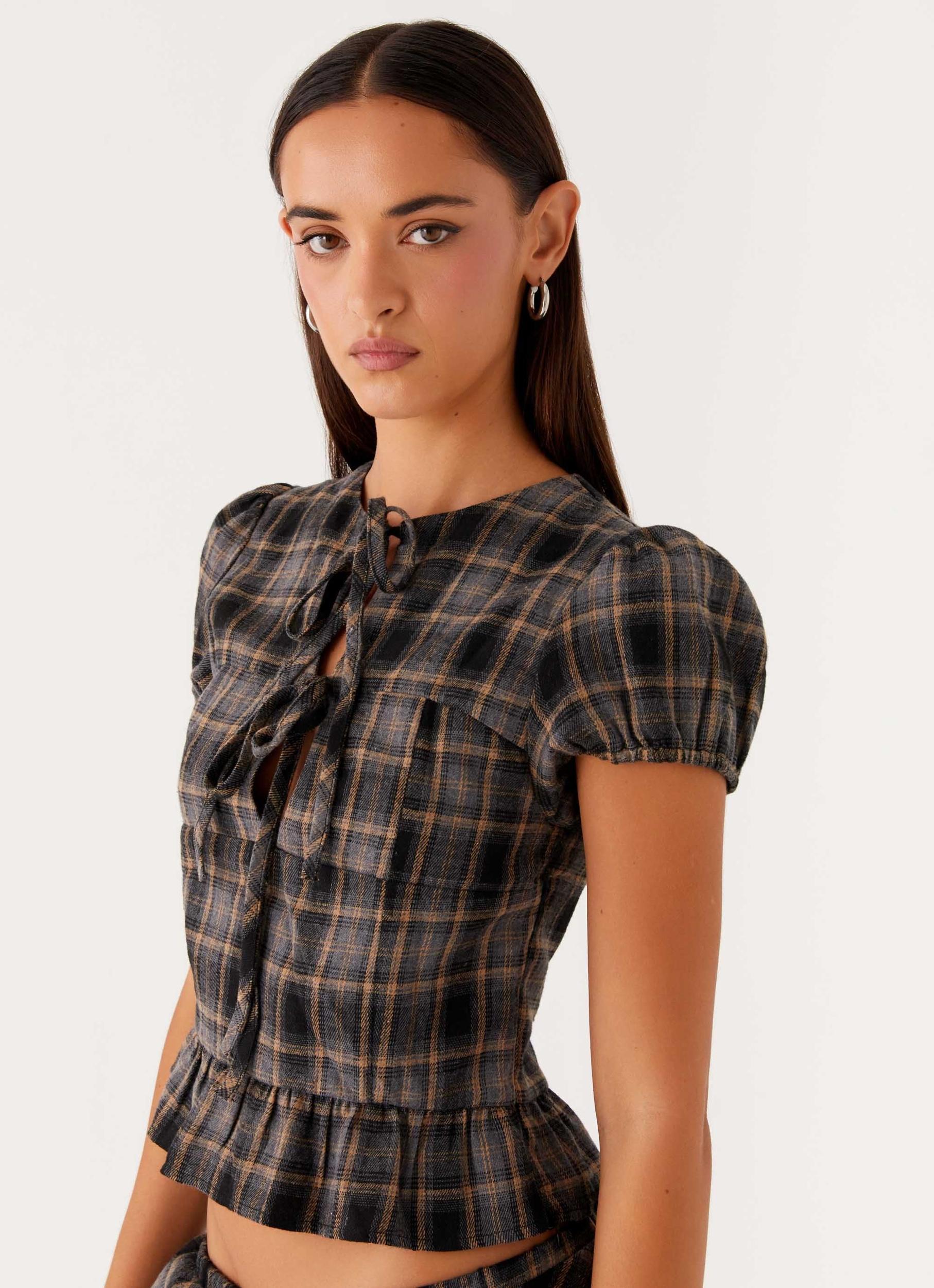 Lucia Puff Sleeve Top - Brown Check Product Image