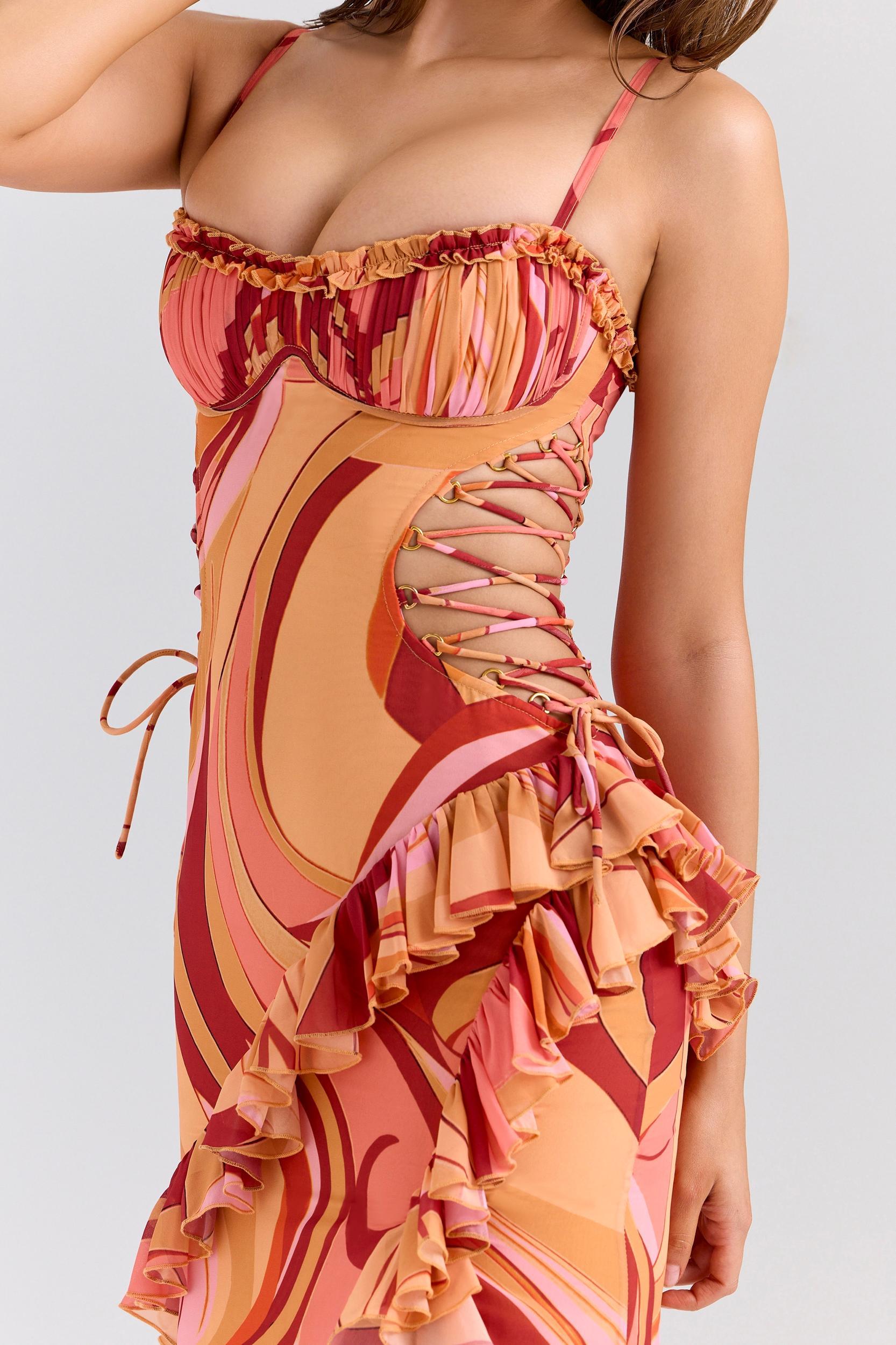 Lumira  sunset swirl print ruffle cut out maxi dress Product Image