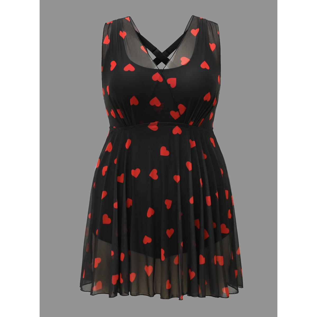 Plus Size Sheer Hearts Mesh Wrap Neck Swim Dress Women's Swimwear Black Beach Bodycon Overlap Collar High stretch Curve Swim Dresses BloomChic 30/6X Product Image