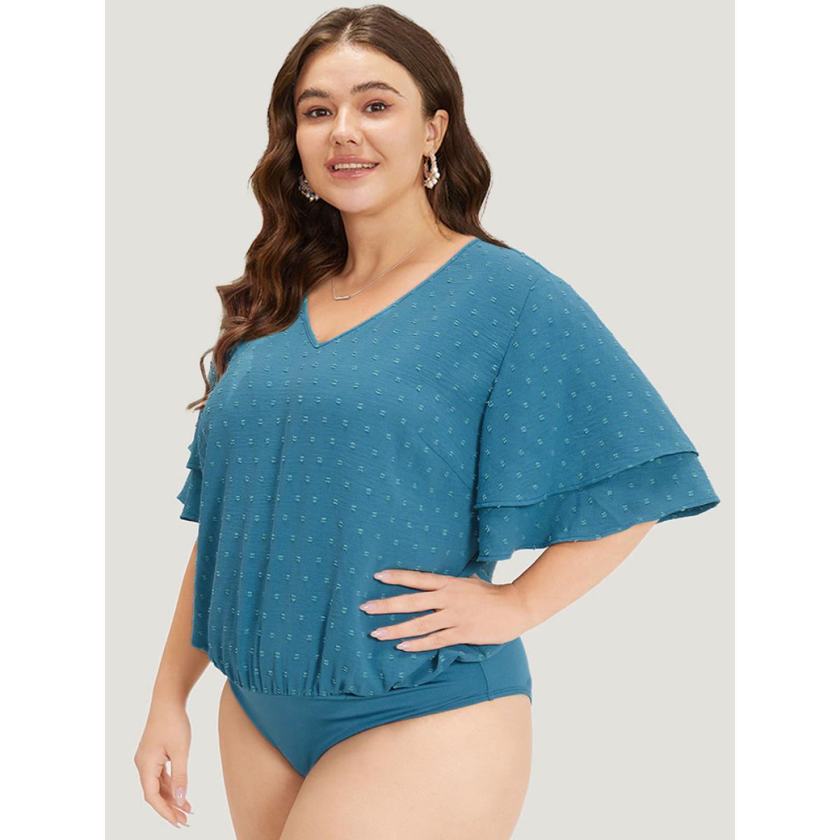 Plus Size Polka Dot V Neck Ruffle Layered Sleeve Bodysuit Women Cerulean Plain Elastic Waist Bodysuits BloomChic 14-16/1X Product Image